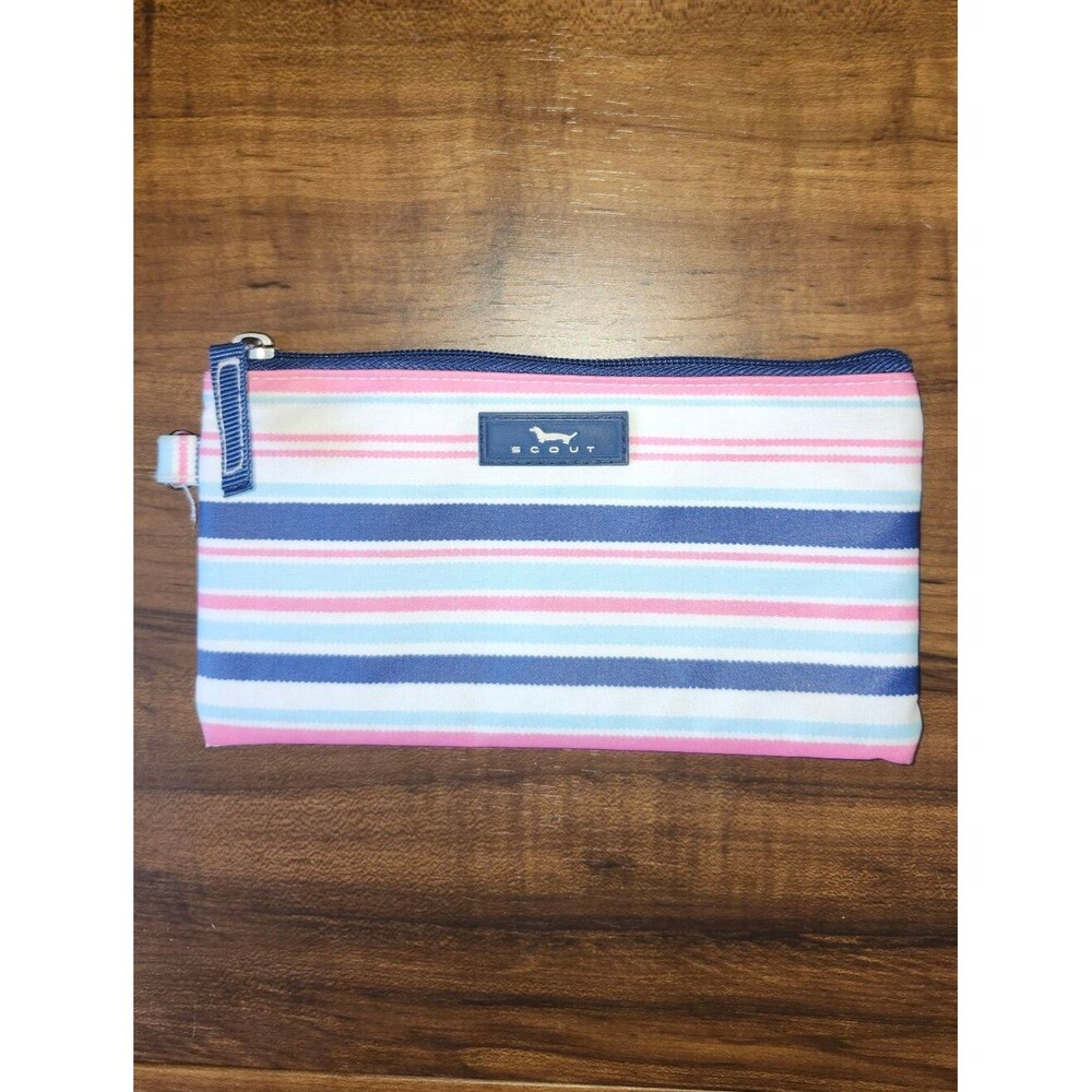 Scout 8"x4" Zipper Striped Clutch Pouch, Keyring, Pink White Blue
